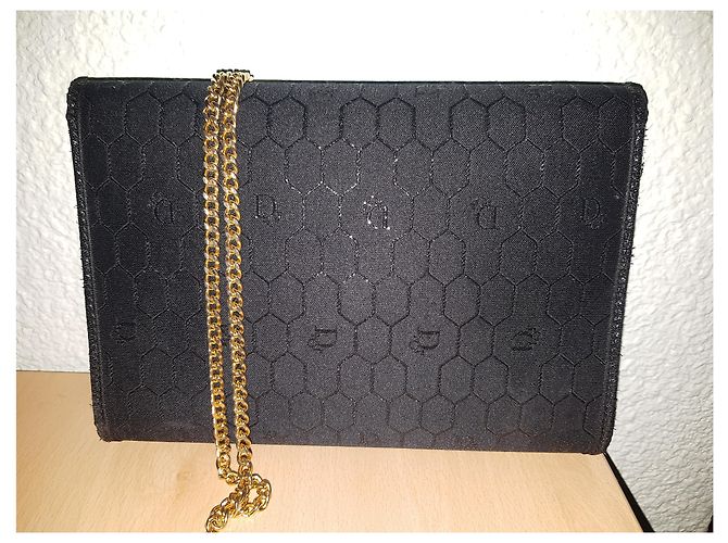 Pochette Christian Dior a Nido d'ape Nera in Tessuto con Catena Oro Nero - vista 2