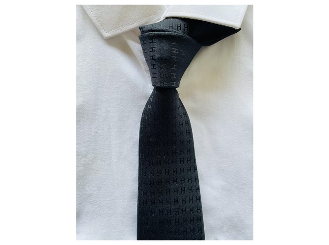 Hermès Façonnée H Noir Tie Nero - vista 3
