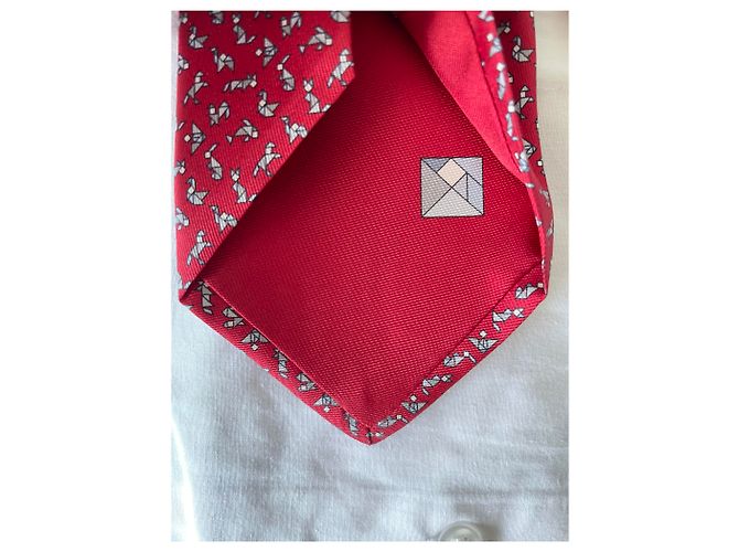 Cravatta Hermès Tangram in twill di seta Rosso Grigio - vista 7