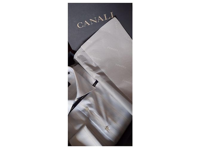CANALI SHIRT WHITE STRIPED PATTERN / NEU MIT BOX UND ETIKETTEN Weiß Hellblau - Ansicht 12