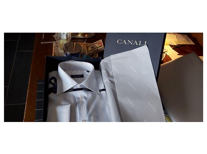 CANALI SHIRT WHITE STRIPED PATTERN / NEU MIT BOX UND ETIKETTEN Weiß Hellblau - Ansicht 14