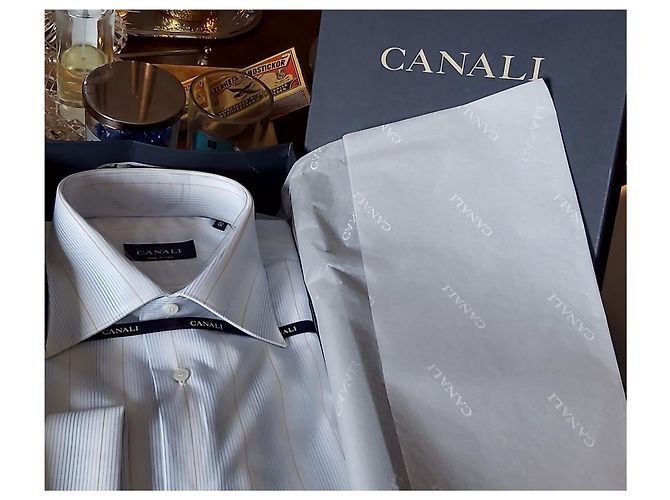 CANALI SHIRT WHITE STRIPED PATTERN / NEU MIT BOX UND ETIKETTEN Weiß Hellblau - Ansicht 16