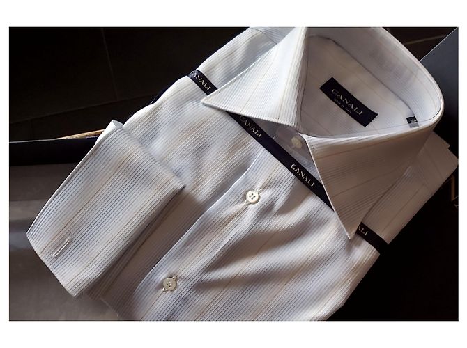 CANALI SHIRT WHITE STRIPED PATTERN / NEU MIT BOX UND ETIKETTEN Weiß Hellblau - Ansicht 17