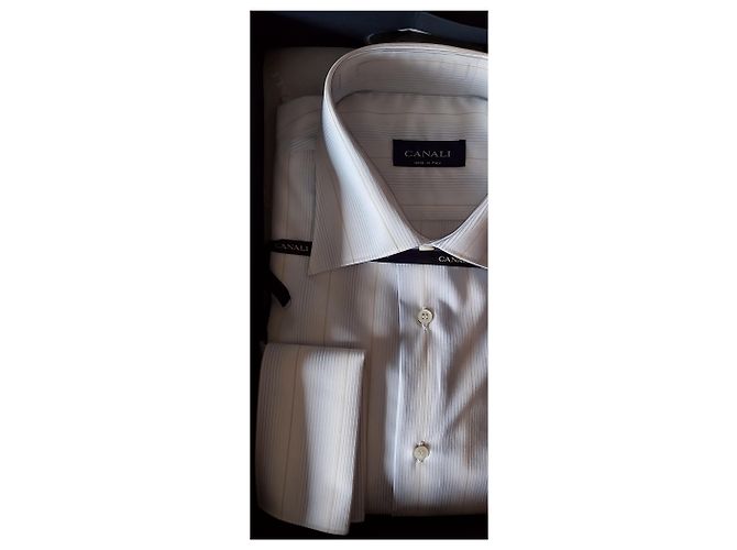CANALI SHIRT WHITE STRIPED PATTERN / NEU MIT BOX UND ETIKETTEN Weiß Hellblau - Ansicht 2