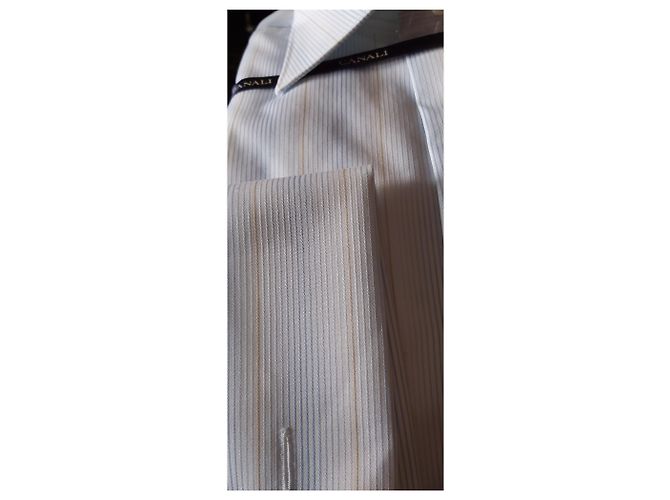 CANALI SHIRT WHITE STRIPED PATTERN / NEU MIT BOX UND ETIKETTEN Weiß Hellblau - Ansicht 7