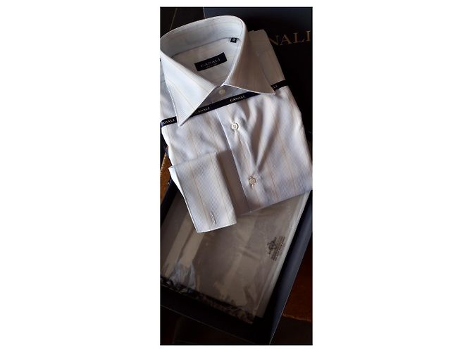 CANALI SHIRT WHITE STRIPED PATTERN / NEU MIT BOX UND ETIKETTEN Weiß Hellblau - Ansicht 8