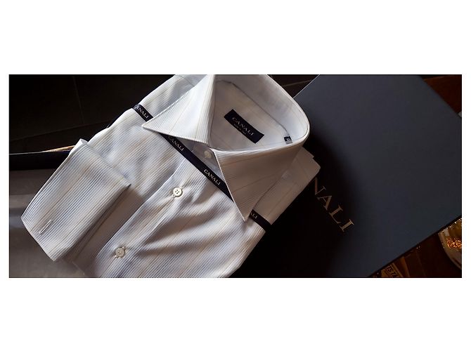 CANALI SHIRT WHITE STRIPED PATTERN / NEU MIT BOX UND ETIKETTEN Weiß Hellblau - Ansicht 9