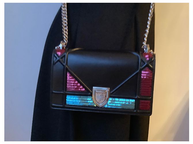 Christian Dior Mini Diorama Tasche Schwarzes Leder und Pailletten - Ansicht 2