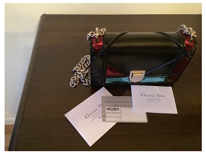 Christian Dior Mini Diorama Tasche Schwarzes Leder und Pailletten - Ansicht 5