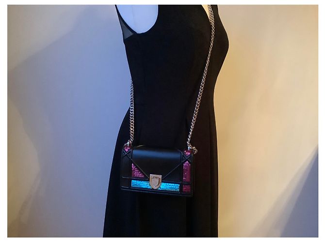 Christian Dior Mini Diorama Tasche Schwarzes Leder und Pailletten - Ansicht 6