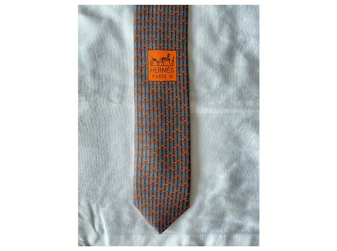 Hermès Cravatta "Eliane Equestre" Arancione Grigio - vista 5