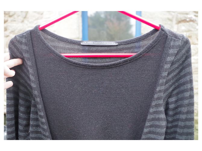 La Fée Maraboutée Gestreiftes Wollstrickkleid Schwarz Grau - Ansicht 5