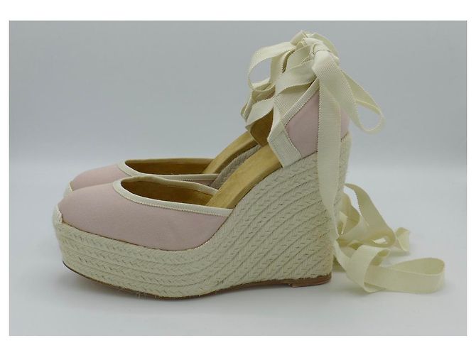 Espadrillas con zeppa Hermès in tela rosa e beige - vista 4