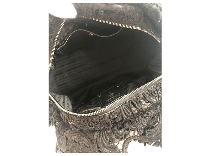 Prada Lace and Leather Bowler Bag Black - view 5
