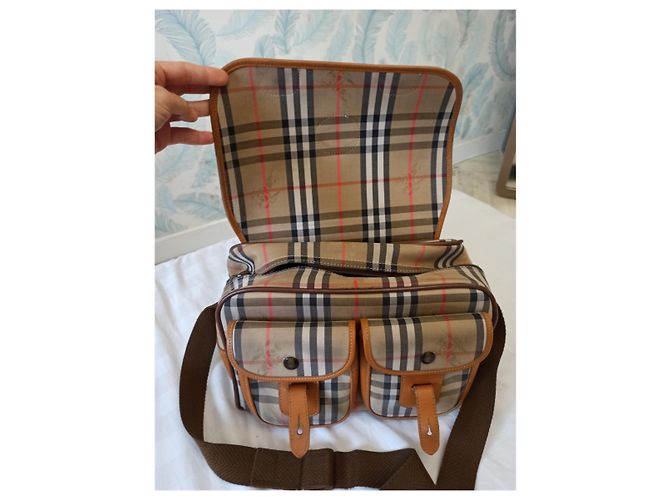 Borsa a tracolla Burberry nera in pelle e tela Nero Rosso Beige Bianco sporco Marrone chiaro - vista 2
