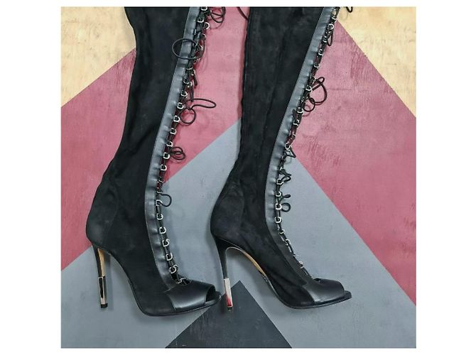 Balmain Campbell lace-up leather-trimmed stretch-suede thigh boots - view 2