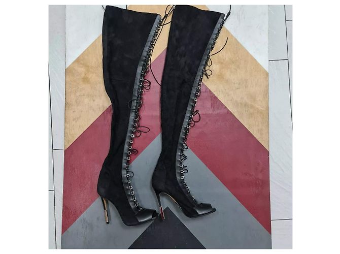 Balmain Campbell lace-up leather-trimmed stretch-suede thigh boots - view 5
