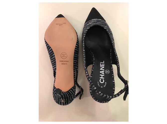 Décolleté Chanel Blu Tweed e Punta in Raso - vista 3