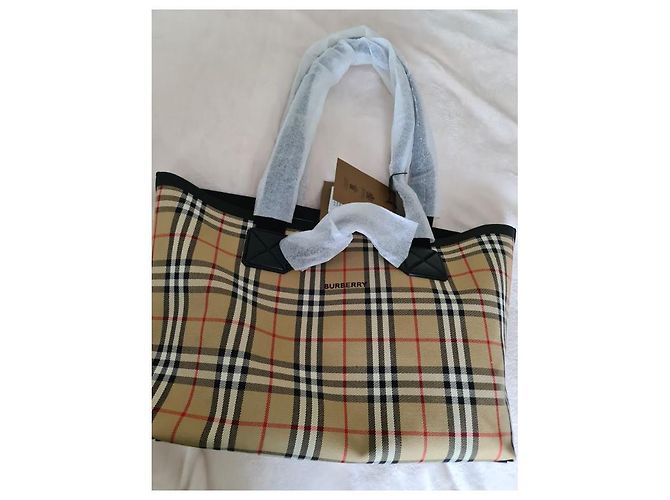 BURBERRY Austen Einkaufstasche aus Leinen mit Karomuster Beige - Ansicht 3