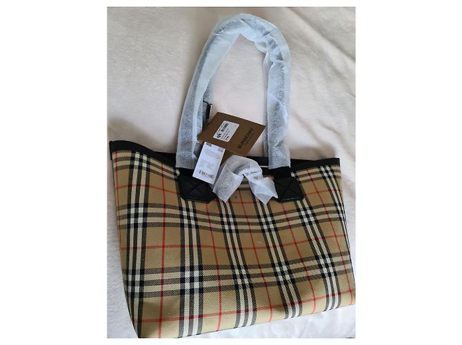 BURBERRY Austen Einkaufstasche aus Leinen mit Karomuster Beige - Ansicht 6