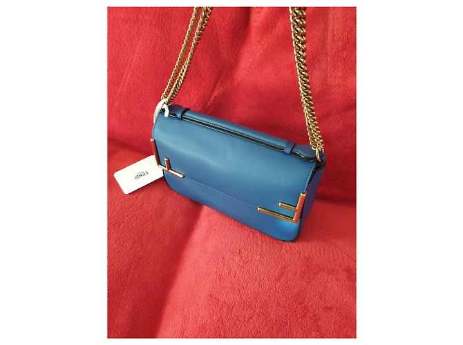 FENDI - Borsa a tracolla FF Baguette foderata in pelle - Logo marrone / pelle blu - vista 3