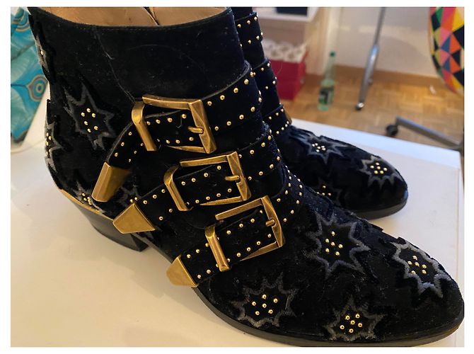 Stivali Chloé Susanna in camoscio blu con borchie oro 36 Nero Blu chiaro Blu scuro Gold hardware - vista 6