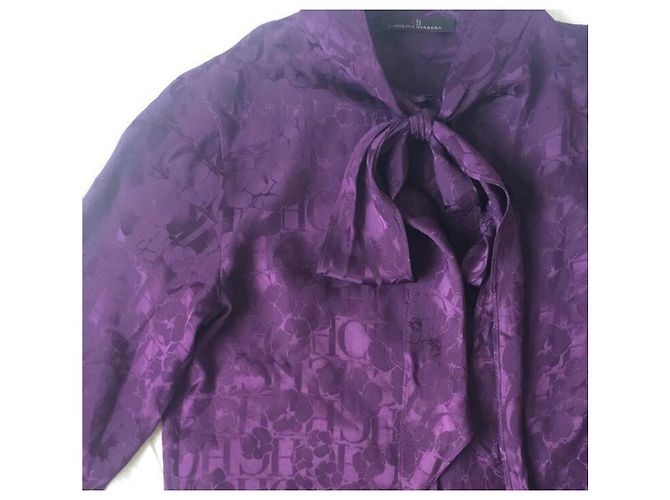 Camicia Carolina Herrera in seta con fiocco e stampa Ch Viola Porpora - vista 5