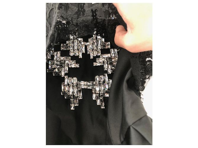 Top in pizzo nero e raso con inserti di cristalli del marchio Dice Kayek - vista 5