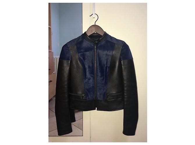 Giacca biker Neil Barrett in pelle nera e blu XS Nero - vista 14