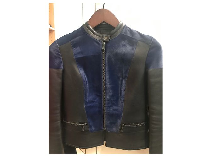 Giacca biker Neil Barrett in pelle nera e blu XS Nero - vista 2