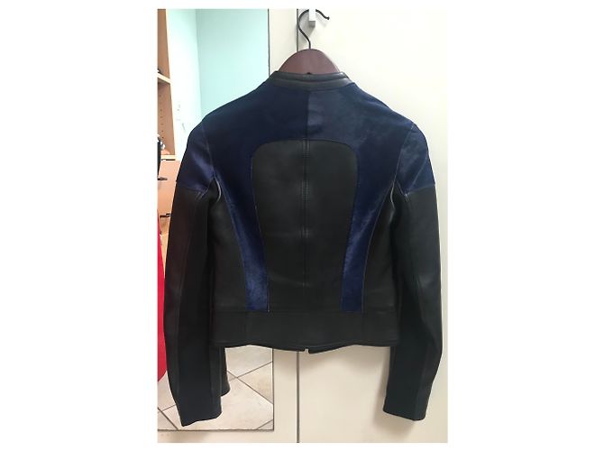Giacca biker Neil Barrett in pelle nera e blu XS Nero - vista 3