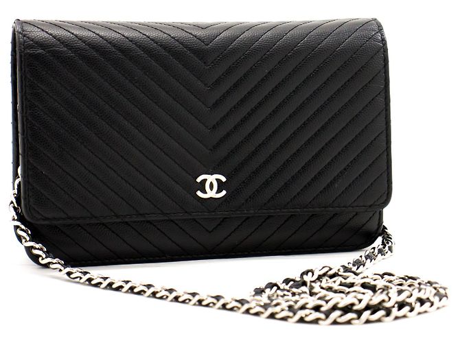 Wallet On Chain Portafoglio CHANEL V-Stitch Caviar con catena WOC Borsa a tracolla nera Nero - vista 2