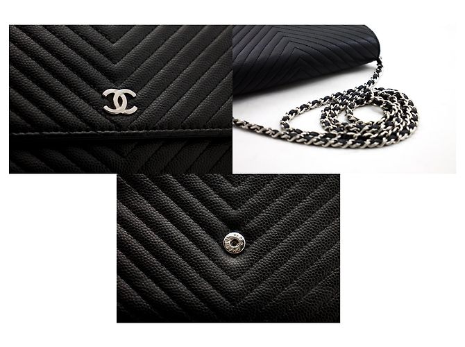 Wallet On Chain Portafoglio CHANEL V-Stitch Caviar con catena WOC Borsa a tracolla nera Nero - vista 7