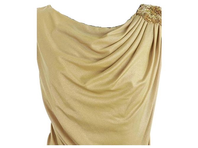 Vestido de gala Tadashi Shoji Maxi Bege Dourado - vista 4