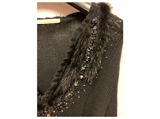 Roberto Cavalli Schwarzer Strick aus Wolle mit Steinen und Nerz - Ansicht 5