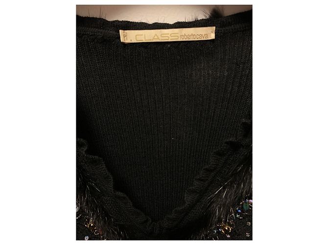 Roberto Cavalli Schwarzer Strick aus Wolle mit Steinen und Nerz - Ansicht 6