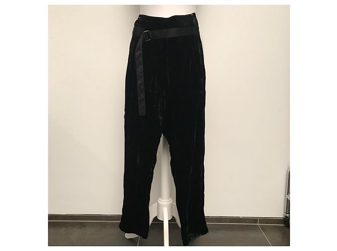 Pantalones Ann Demeulemeester Negros Efecto Terciopelo Martillado Seda Viscosa - vista 7
