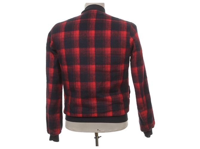 DANIELE ALESSANDRINI Reversible Wool Blend Check Plaid Red/Navy Blue Bomber Jacket Coat Black Dark red - view 2