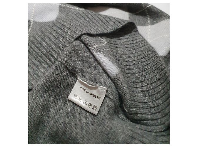 Autre Marque Grauer Kaschmir Polopullover mit Rautenmuster - Ansicht 5