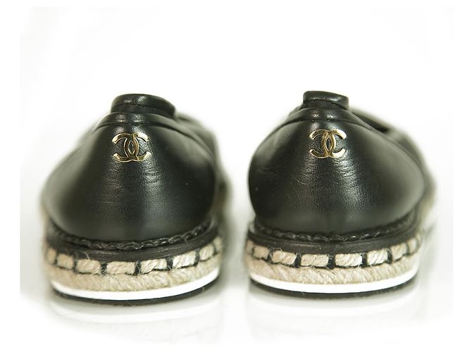 Chanel in tessuto nero e pelle cap toe flat espadrillas juta platform size 38 - vista 2