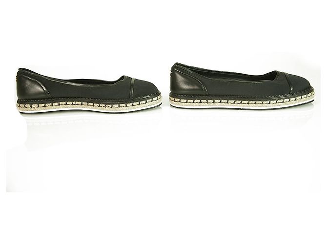Chanel in tessuto nero e pelle cap toe flat espadrillas juta platform size 38 - vista 4