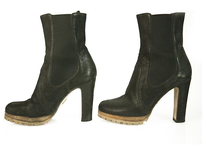 Prada Black Leather Pull On Kalb Stiefeletten Stiefel Absätze Schuhe Größe 36.5 Schwarz - Ansicht 4