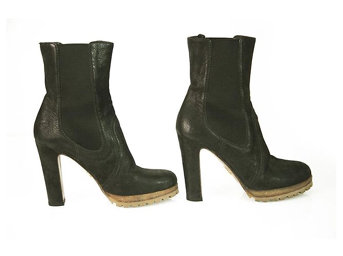 Prada Black Leather Pull On Kalb Stiefeletten Stiefel Absätze Schuhe Größe 36.5 Schwarz - Ansicht 5