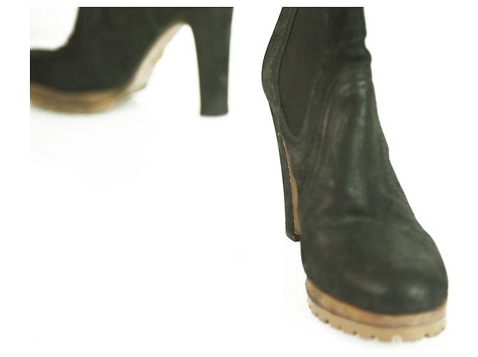 Prada Black Leather Pull On Kalb Stiefeletten Stiefel Absätze Schuhe Größe 36.5 Schwarz - Ansicht 9