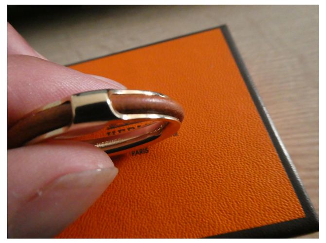 Sciarpa anello Hermès modello kyoto in acciaio permabrass e pelle Gold hardware - vista 6