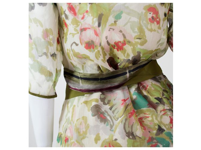 Kenzo asymmetrische Seidenbluse mit Blumenmuster Orange Olivgrün Aus weiß Hellblau Türkis - Ansicht 4