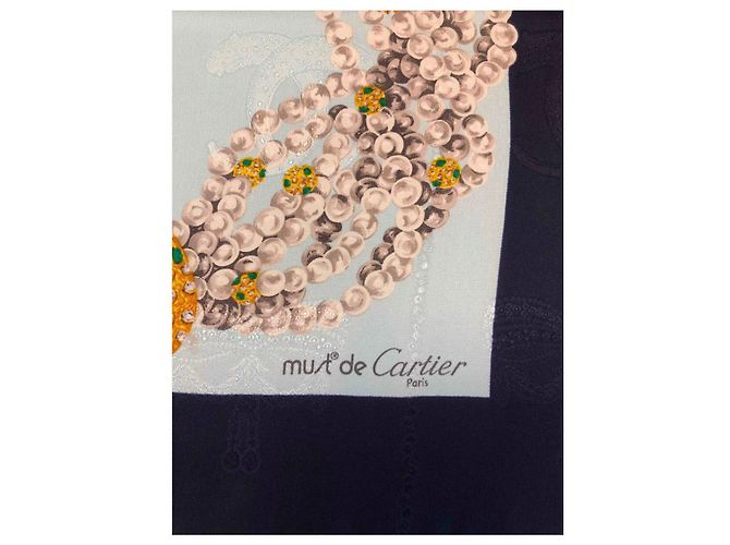 Sciarpa in seta Cartier Pantera e perle bianche azzurro chiaro Blu chiaro - vista 3