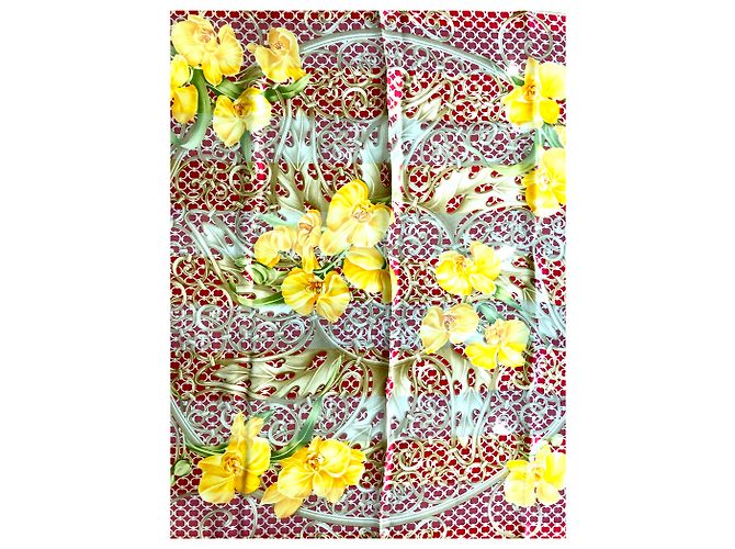 Sciarpa Christian Dior in seta rossa e gialla con motivo floreale Rosso Giallo - vista 2