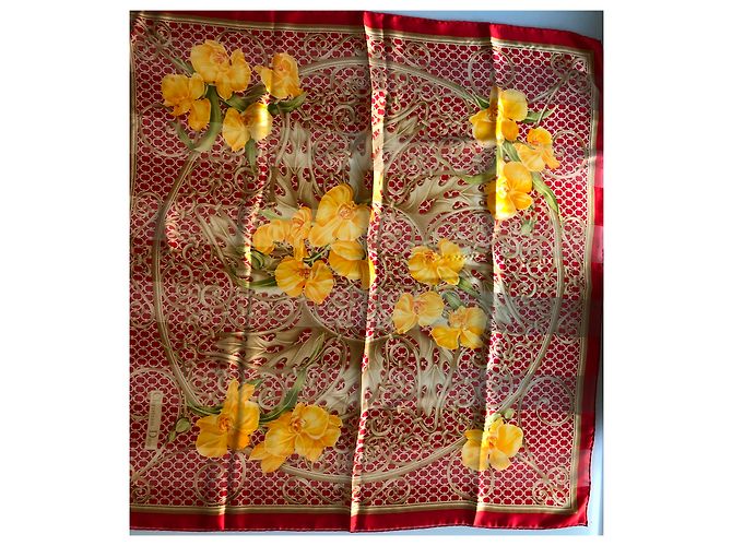 Sciarpa Christian Dior in seta rossa e gialla con motivo floreale Rosso Giallo - vista 3