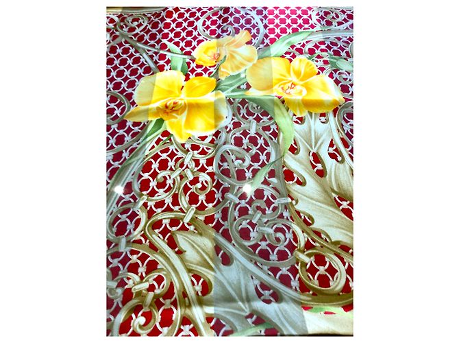 Sciarpa Christian Dior in seta rossa e gialla con motivo floreale Rosso Giallo - vista 6